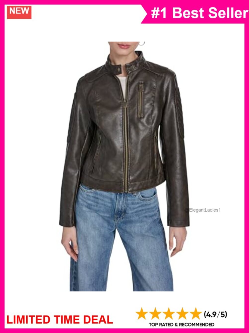 Faux Leather Motocross Racer Jacket Quilted Moto Zip Pockets